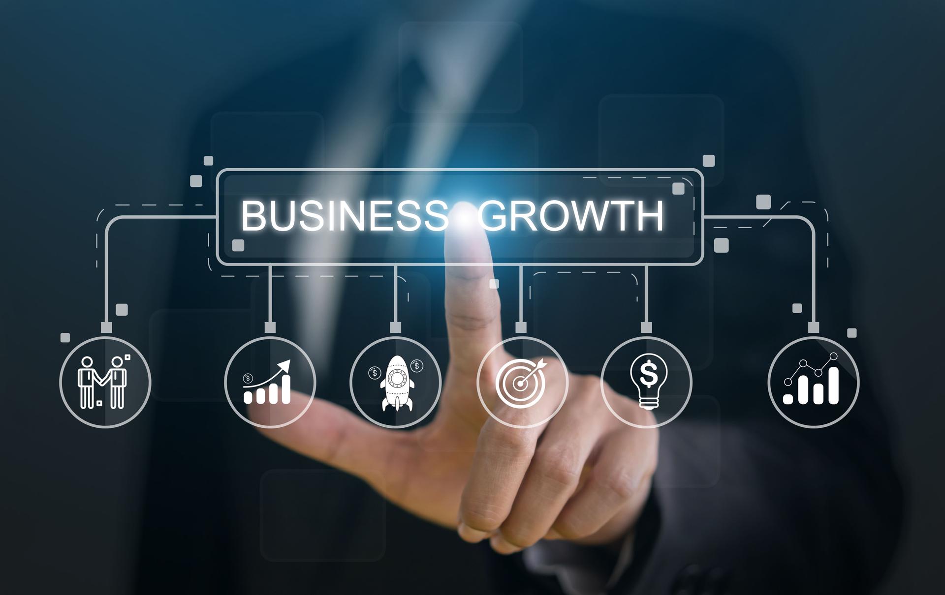 People with business growth strategy, digital transformation, financial success and technology corporate development, market expansion, entrepreneurship, investment, leadership and business management